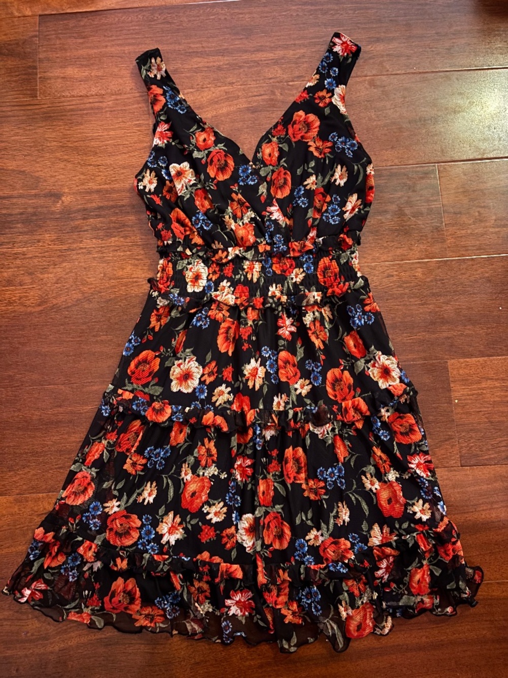 City Vibe Black Floral Tiered Mini Dress XS Sleeveless V-Neck Boho Cottagecore